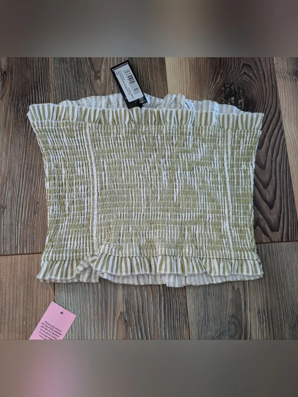 PRETTY LITTLE THING Sage Pinstripe Bandeau Frill Edge Shirred Top Co-ord 2 NWT